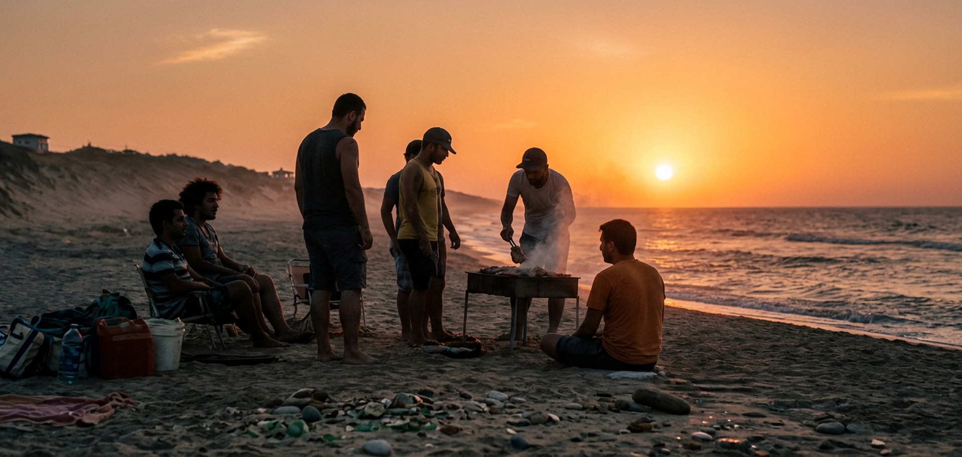 Sunset over the North Coast with a grill set up on a terrace